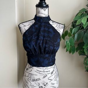 Amanda Uprichard Halter Tie-Back Embroidered Crop Top Blue Sz S